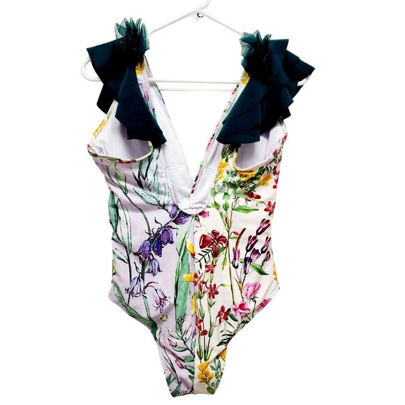 Floral V-Neck One-Piece Swimsuit With Ruffle Sleeves Size S - Picture 2 of 8
